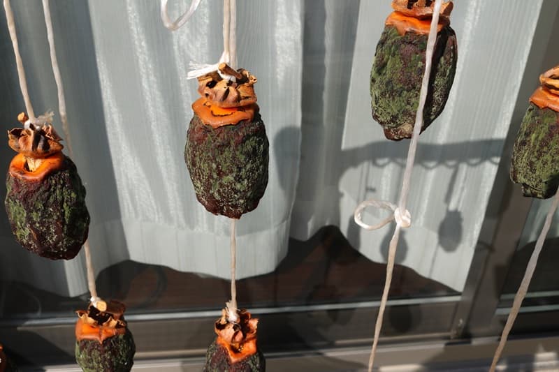 不織布をかけて数日後にカビが発生した干し柿の様子