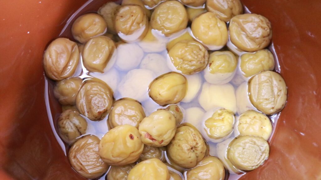 塩漬けした梅から「白梅酢」が十分に上がり梅酢がヒタヒタに漬かった状態
